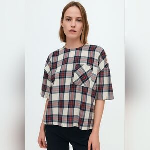 ZARA Size Small Plaid Flannel Oversized T-Shirt Top with Side Buttons